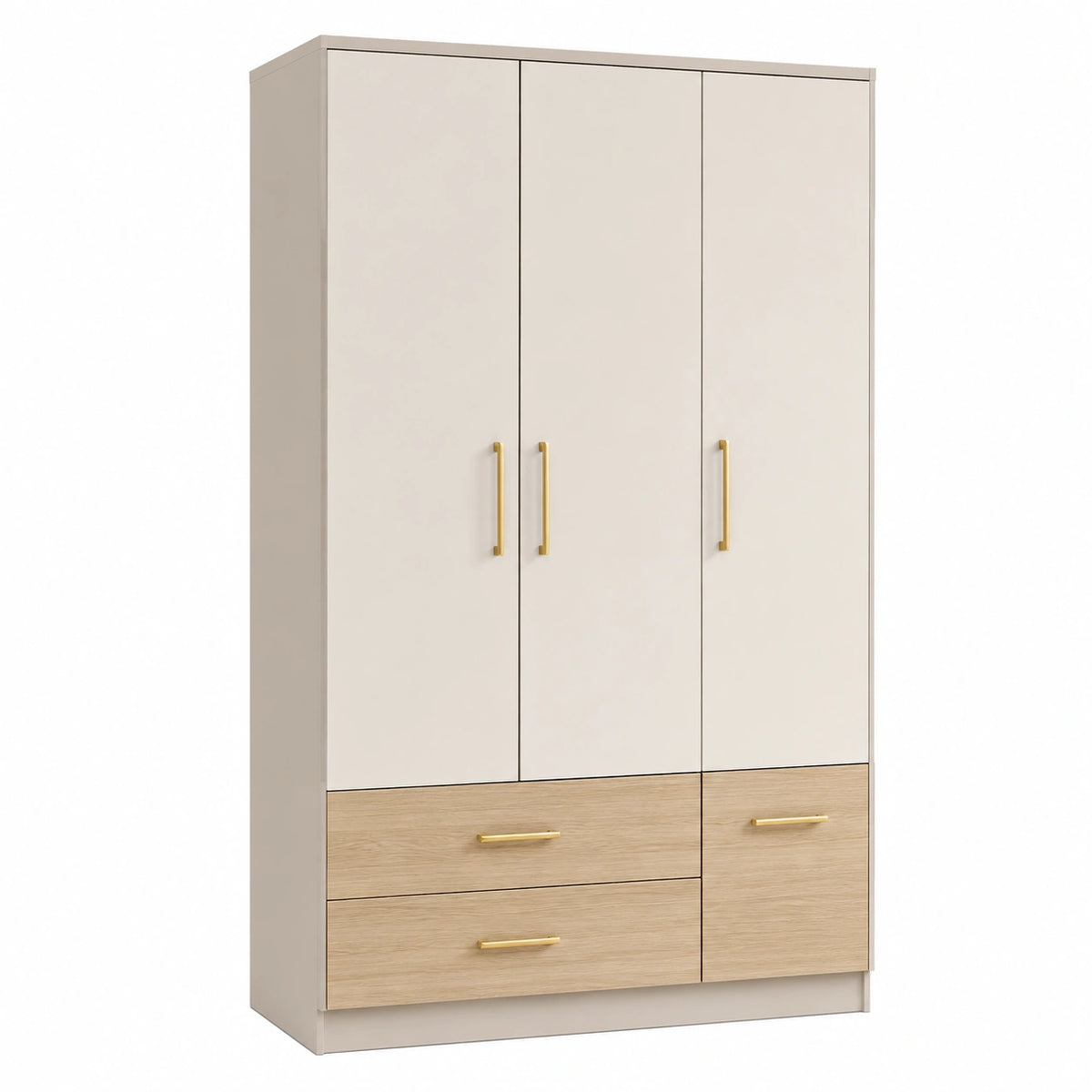 Armario de melamina con 3 puertas y 4 cajones crema y roble
