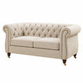 Sofá Chesterfield de 2 Plazas Tapizado en Lino Beige con Estructura de Madera