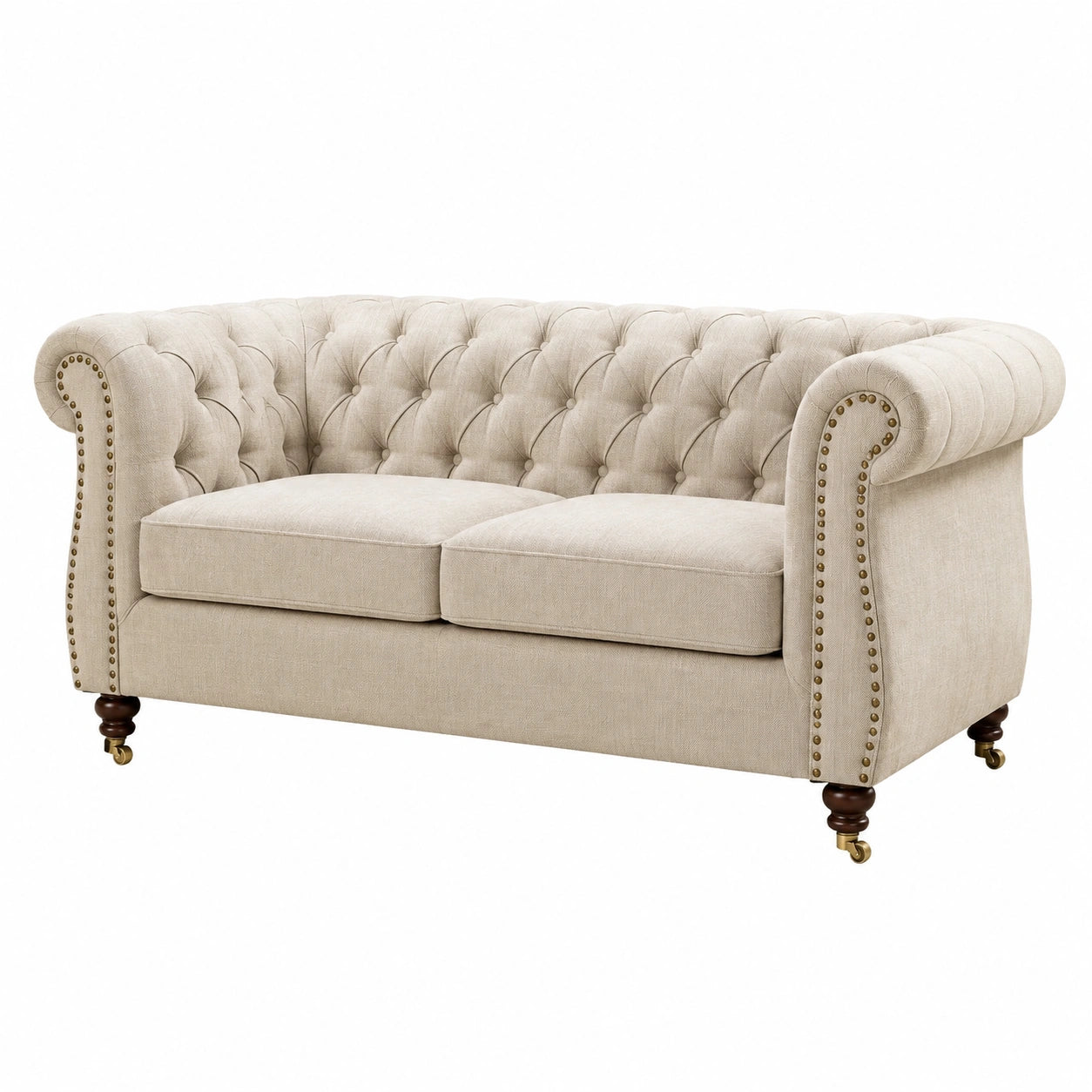 Sofá Chesterfield de 2 Plazas Tapizado en Lino Beige con Estructura de Madera