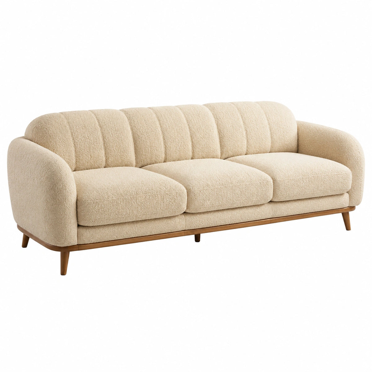 Sofá de tres plazas de tejido bouclé beige con patas de madera