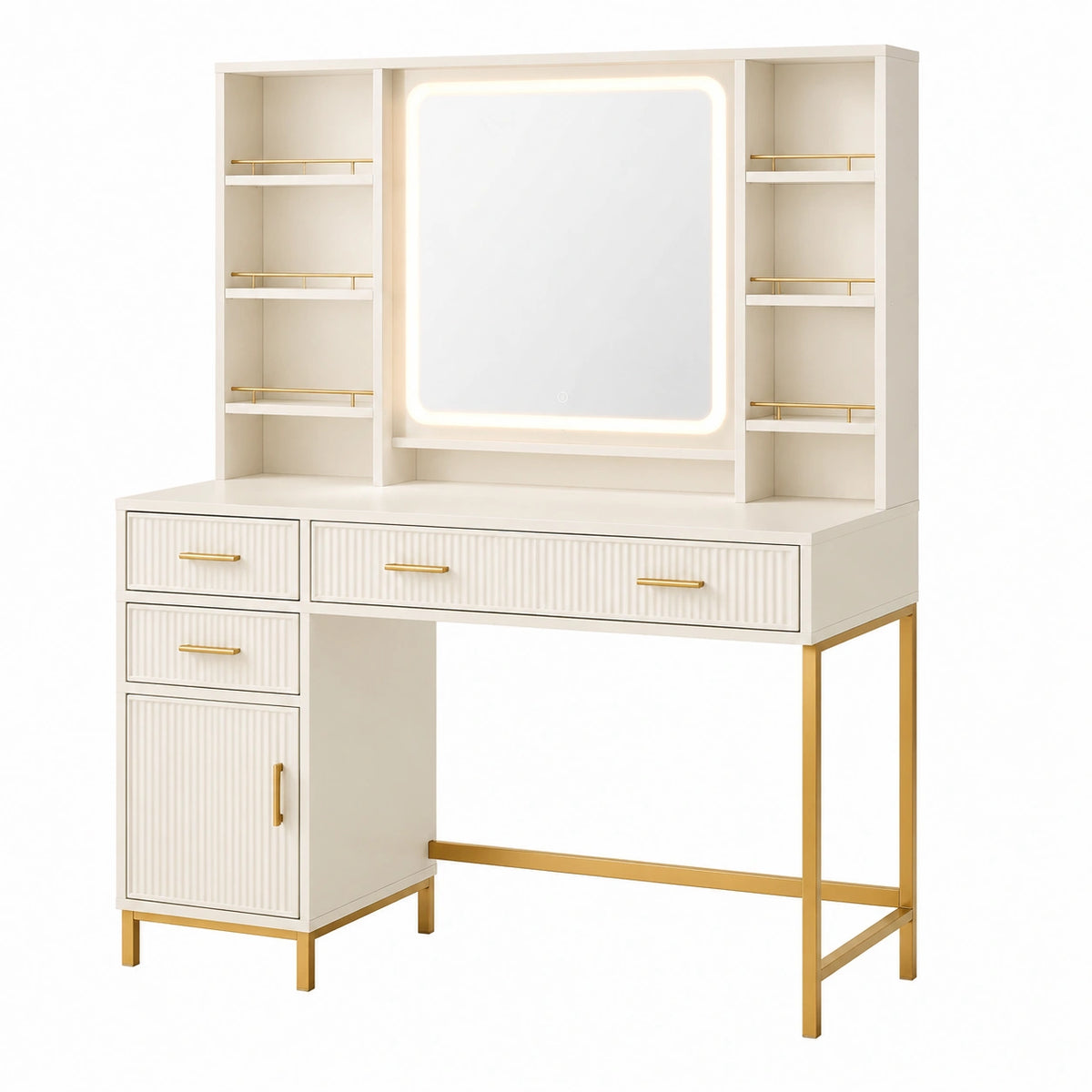 Tocador con Espejo LED, Madera MDF y Metal, Blanco y Dorado