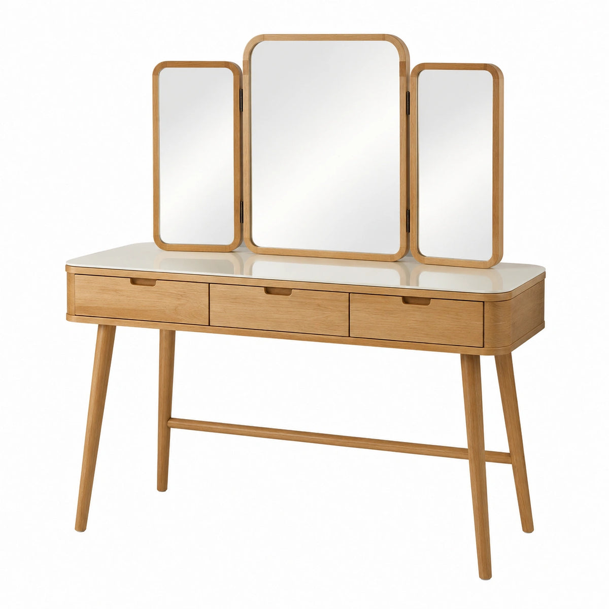 Tocador de madera de roble con espejos triples y cajones