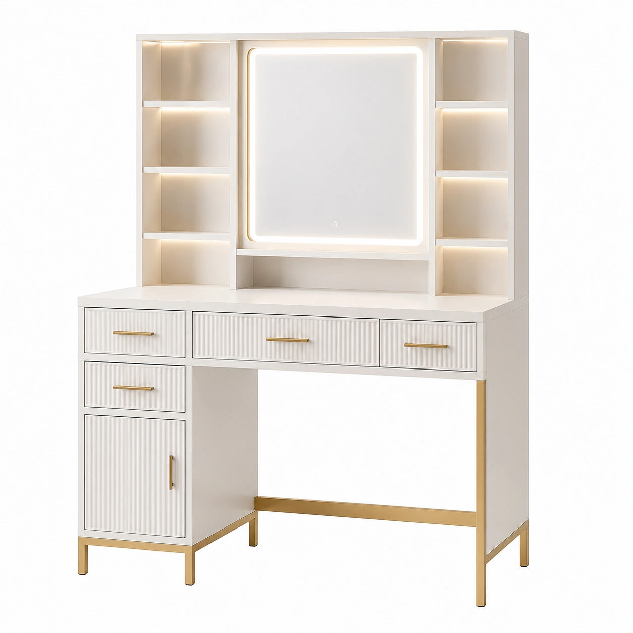 Tocador de MDF con espejo LED y almacenamiento integrado en color blanco y dorado