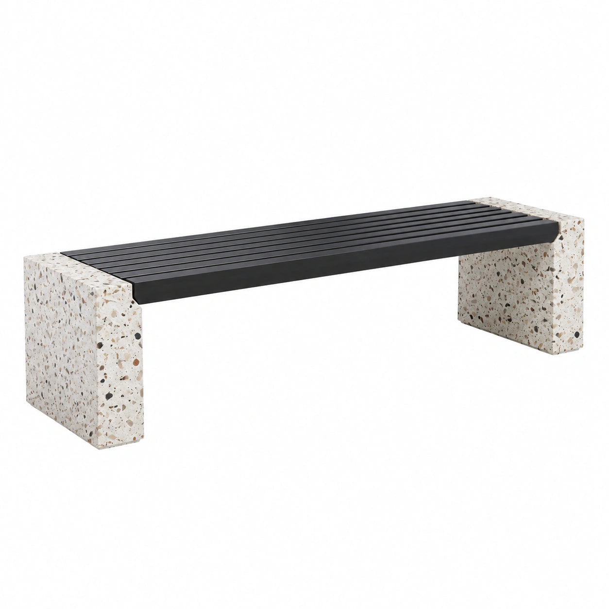 Banco de metal y terrazo para exterior de 180 cm, negro y beige