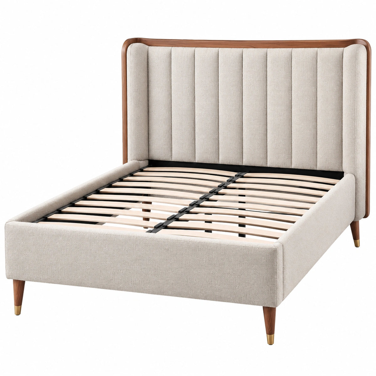 Cama doble tapizada con estructura de madera, 200x160 cm, beige
