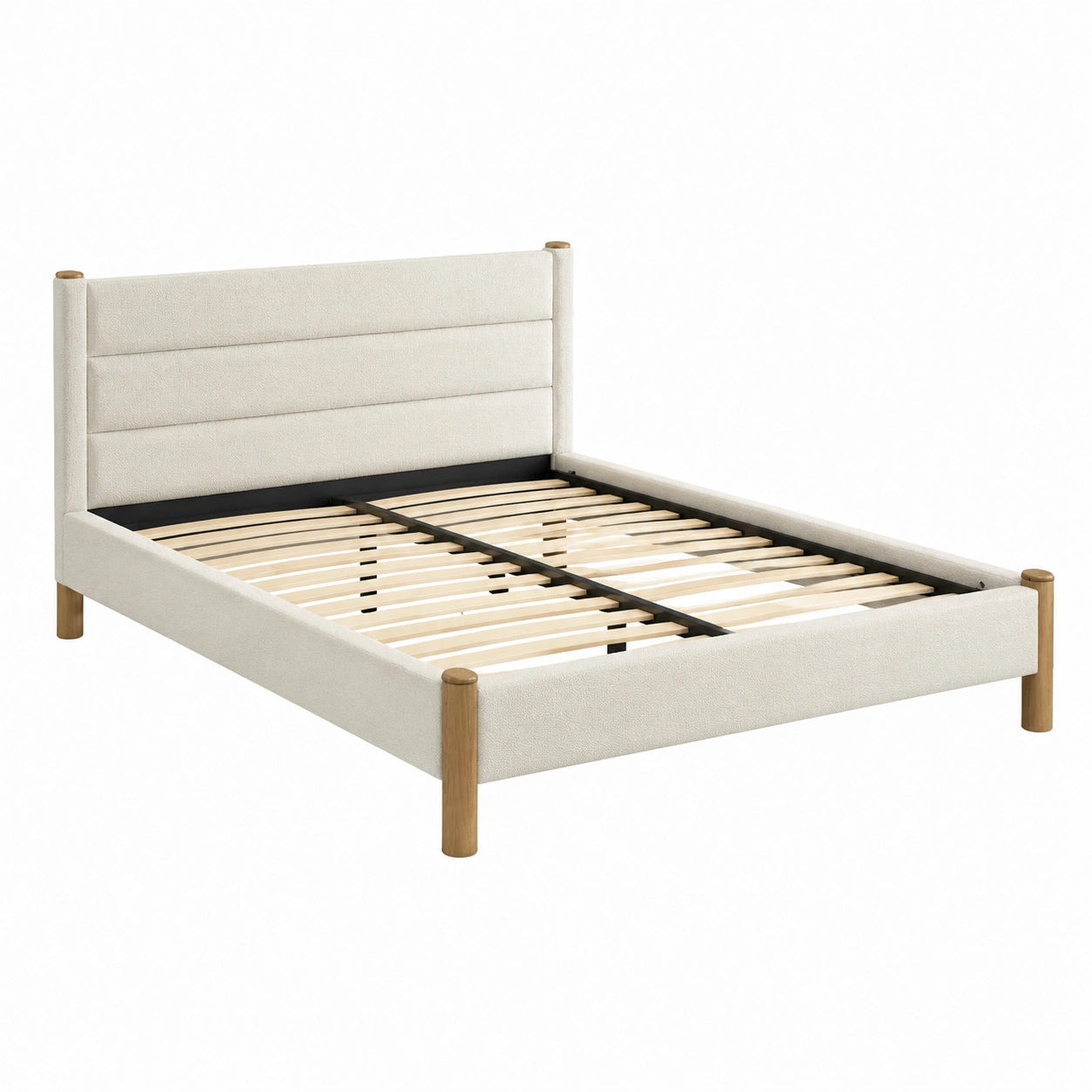 Cama doble tapizada en poliéster beige con estructura de madera de abedul