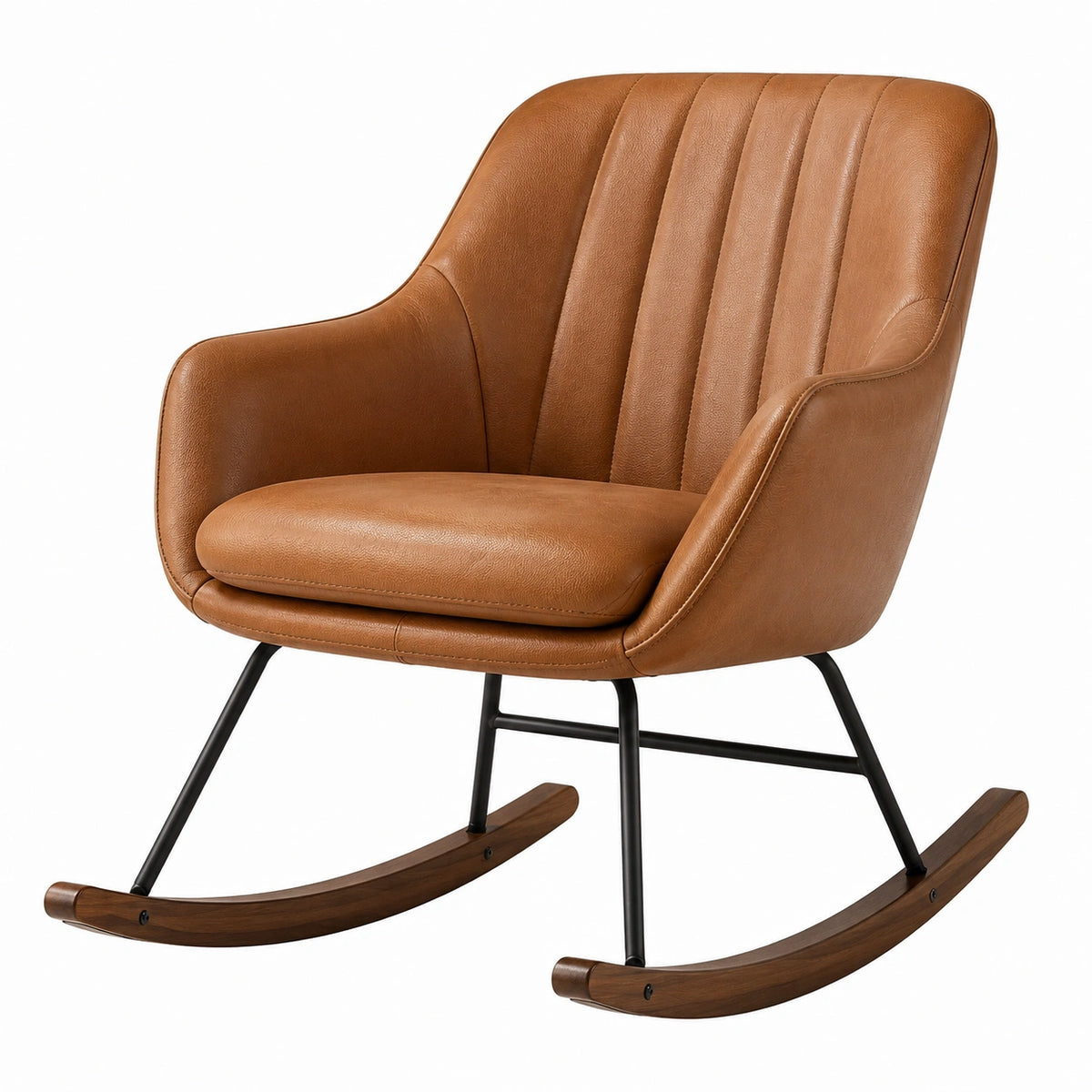Silla mecedora de cuero sintético marrón con base de madera y metal