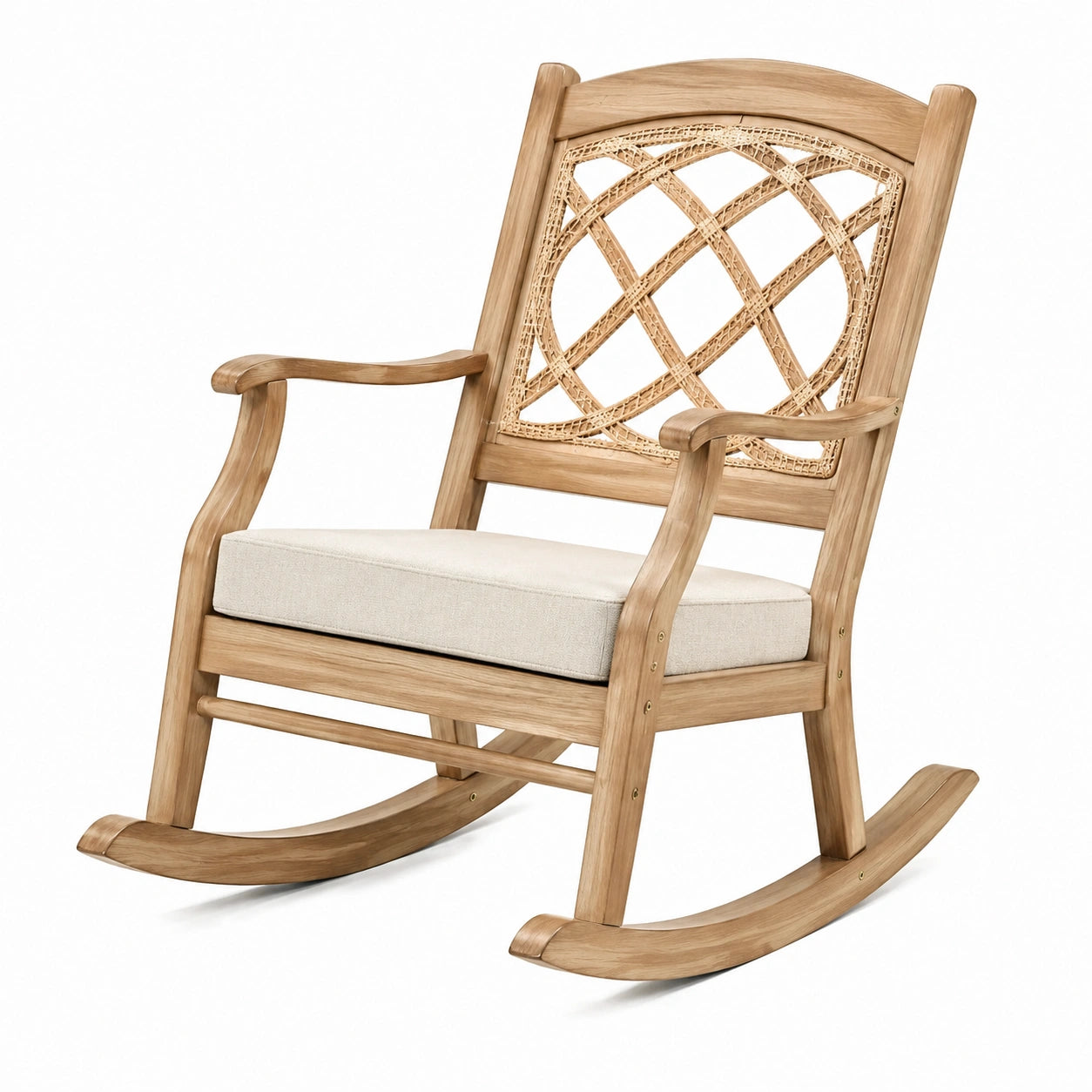 Mecedora de Madera de Roble y Ratán con Cojín de Lino Beige