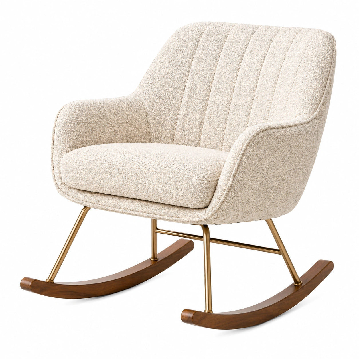 Silla mecedora de bouclé beige con patas de metal y madera