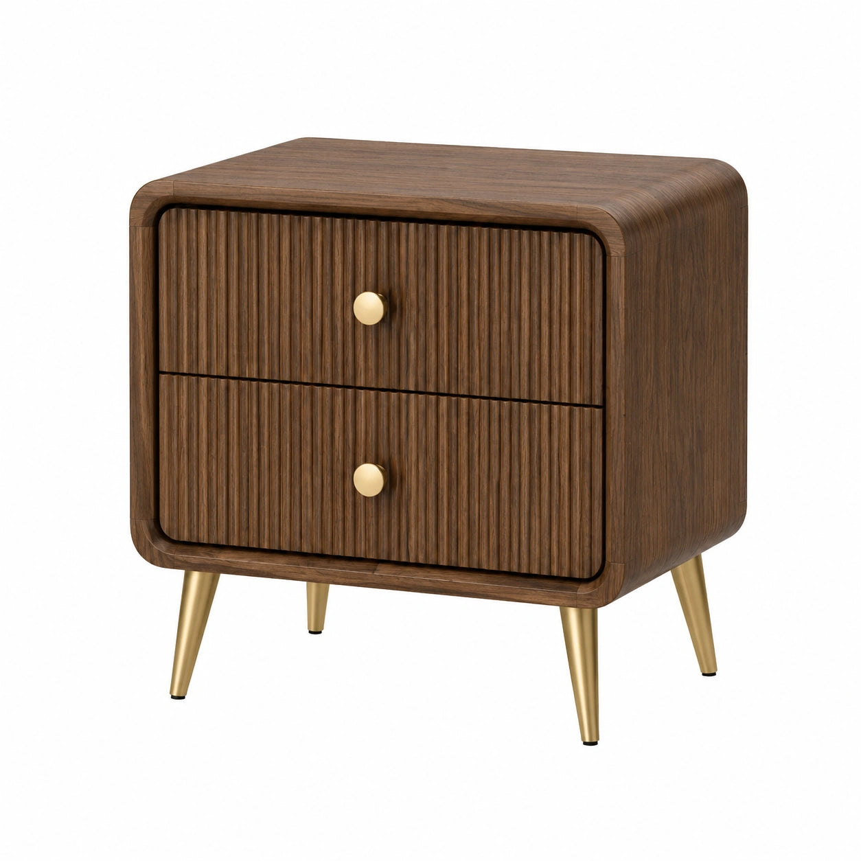 Mesita de noche de madera con patas de metal y dos cajones 45x35x55cm marrón y dorado