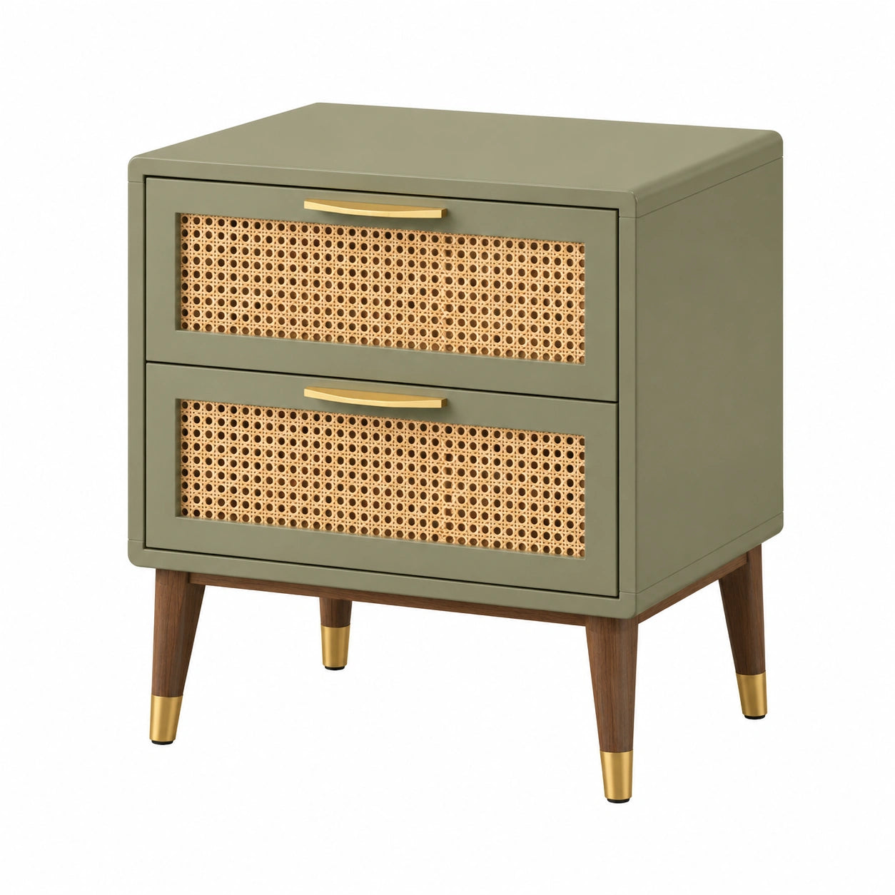 Mesita de noche de madera con cajones de ratán y patas de metal verde/ocre
