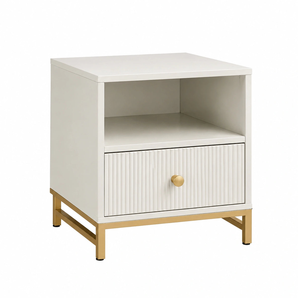 Mesita de Noche de Madera MDF y Acero con Cajón, Blanco y Dorado