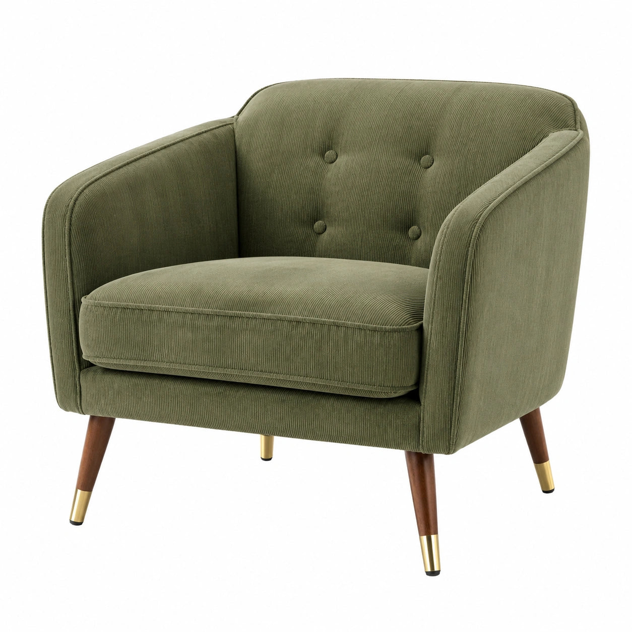 Sillón de Pana Verde con Patas de Madera y Detalles de Latón