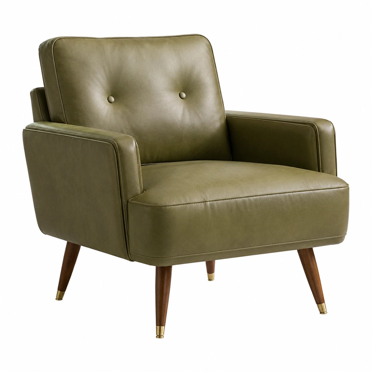 Sillón de cuero sintético verde oliva con patas de madera